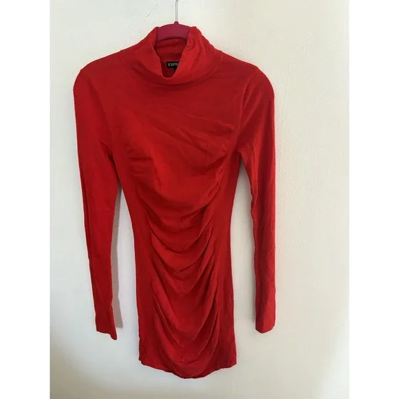 Express Red Ruched Turtleneck Long Sleeve Mini Dress XS Mock Neck Knit Bodycon - Picture 2 of 5